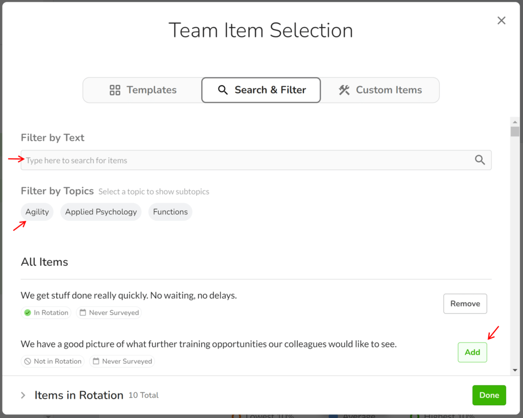 Search team items by keyword or topic