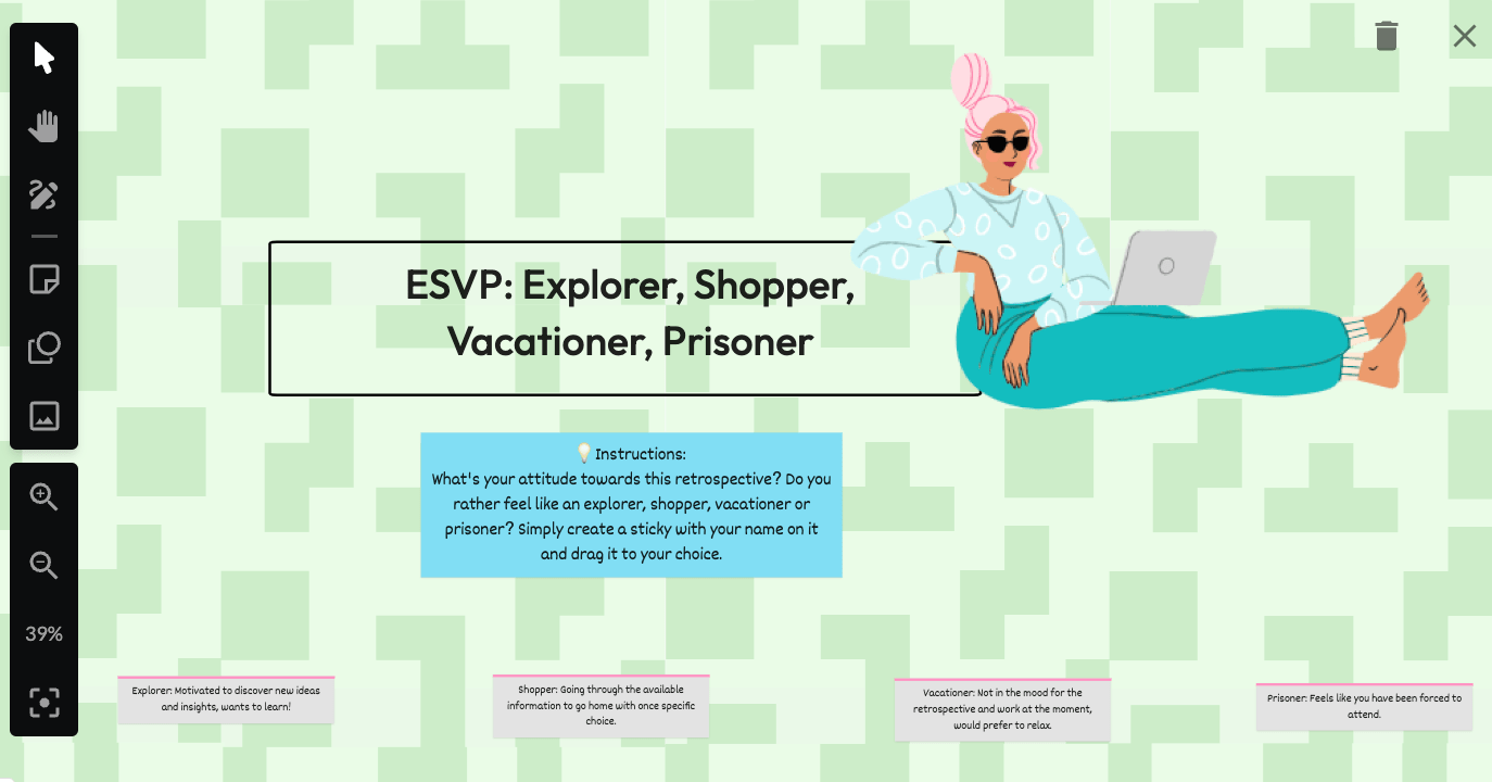 retrospective games agile icebreaker echometer esvp explorer shopper vacationer prisoner