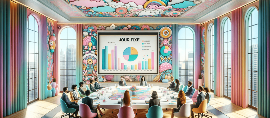 DALL·E 2024-01-25 08.22.53 - A Jour Fixe meeting scene blending elements of playful whimsy and pastel elegance. The meeting room combines the vibrant, fun aspects of image 2 with
